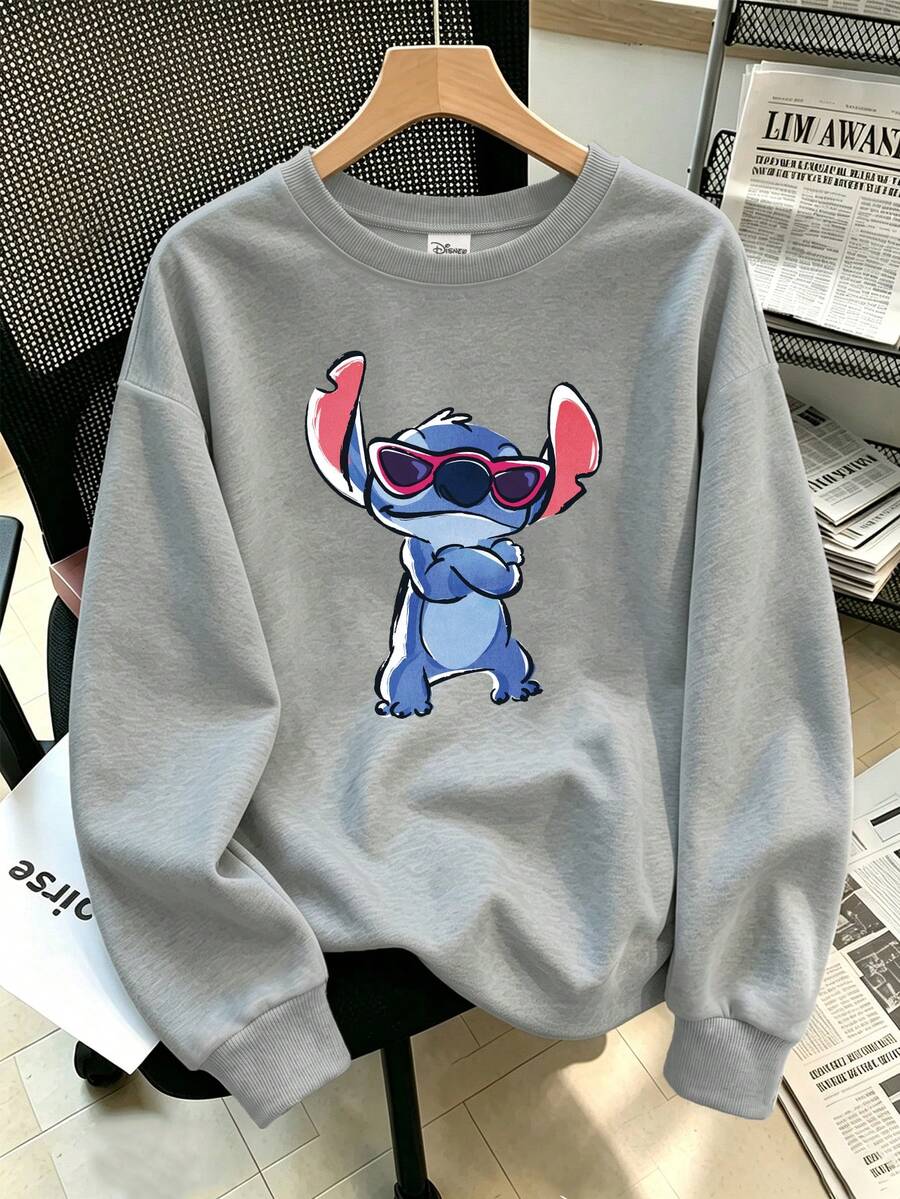 Disney Plus Size Women's Casual Cool Stitch Print Street Style Autumn/Winter Crew Neck Long Sleeve Sweatshirt - Grey - View 1