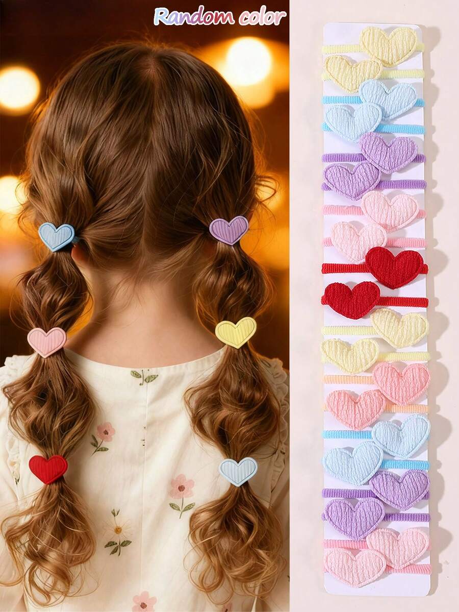 20pcs/Set Girls Colorful Fabric Heart-Shaped Mini Hair Ties, Random Color, Cute 3D Heart Design, Non-Damaging Hair Accessories For Kids - Multicolor - View 1