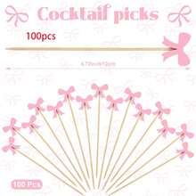 20/50/100pcs Exquisite Cute Pink Bow Food Skewers (Natural Bamboo, Smooth Surface) Lovely Design Decorative Set For Fruit Platters, Cooked Foods And Party Decorations. Christmas Essential. - Q - View 12