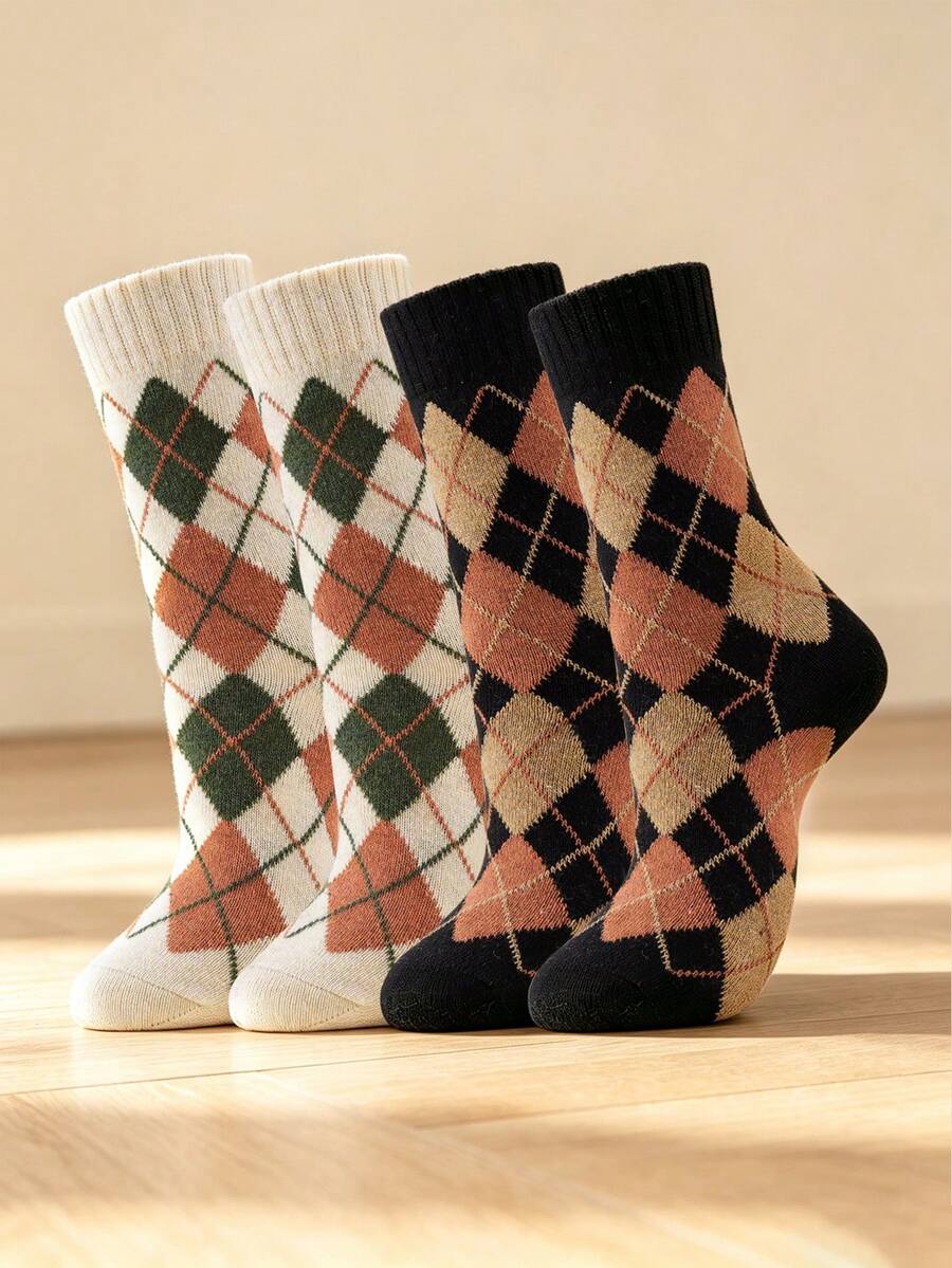 1/2 Pairs Women's Mid-Crew Socks - Retro Preppy Argyle Pattern - Thermal Terry-Lined For Winter - Multicolor - View 1