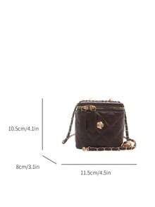 Women's Quilted Square Crossbody Bag, Metal Decor Mini Makeup Bag, PU Leather Chain Shoulder Bag With Gold Ball Decoration, Suitable For Party And Date - Coffee - View 8
