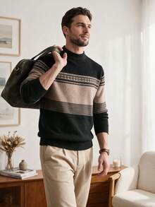 Jersey grueso de punto con estampado para hombre, estilo británico casual para ir al trabajo, talla pequeña - Negro - Ver 4