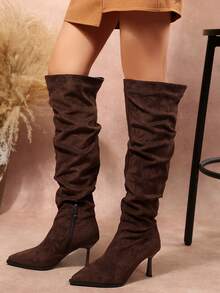 New Women's Fashion Elegant Pointed Toe High Heel Slouch Boots With Inner Zipper Over-The-Knee Slimming Boots - Coffee Brown - View 5