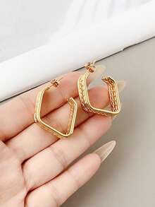 RAYQUEEN 1 Pair New Fashion Heart Square Rhombus Stainless Steel Personalized Large Stud Earrings For Women, Suitable For Daily Wear - Gold - View 4