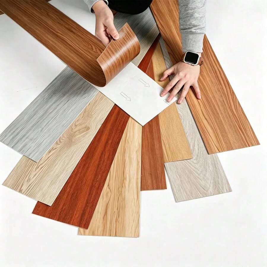 24pcs PVC Wood Grain Self-Adhesive Floor Stickers, Faux Wood Flooring, Waterproof, Anti-Slip, Wear-Resistant, Floor Renovation, Interlocking, Kitchen - 24pcs - View 1