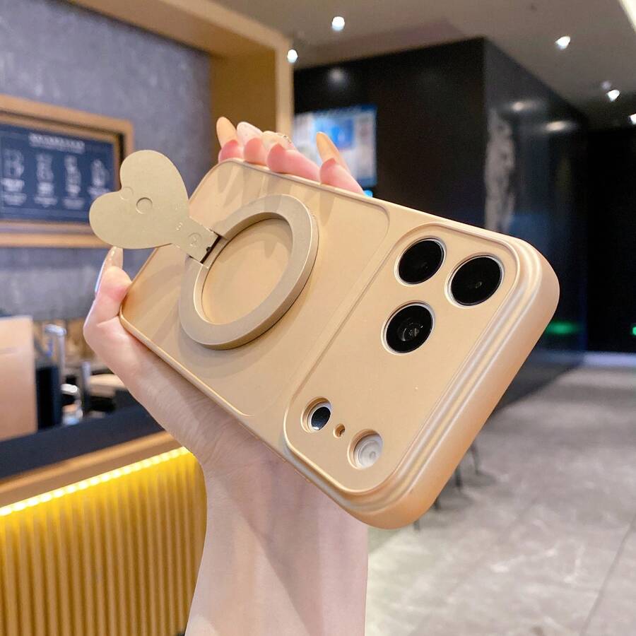 (Order & Follow Store To Get Free Lanyard) Solid Color Heart-Shaped Stand Corning Metallic Paint Phone Case + Wrist Strap Phone Case / Compatible With Apple 18 Pro Max/18 Pro/18/17 Pro Max/16 Pro Max/15 Pro Max/14 Pro Max/13 Pro Max/12 Pro Max/11 Pro Max/Compatible With Samsung S26/25/24/23/22/21/U Phone Case Compatible With Xiaomi 17T/17T Pro Compatible With Redmi Note 15/14 Pro Compatible With Honor 600/600 Pro Compatible With Huawei Magic 8 Pro/7 Pro Compatible With OPPO A6/A5 Compatible With Moto Edge 50/60/70 Fusion/Compatible With Transsion Note 60/50/Hot 70/60/50/ - Gold - View 1