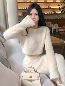 Autumn/Winter Premium Soft Faux Mink Fur Knit Sweater And Bodycon Skirt 2 Pieces Set - White - View 1