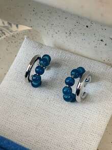 1 Pair Fashion Vintage Royal Blue Beaded Hoop Earrings Suitable For Women's Daily Commute Wear - Silver + Blue - View 4