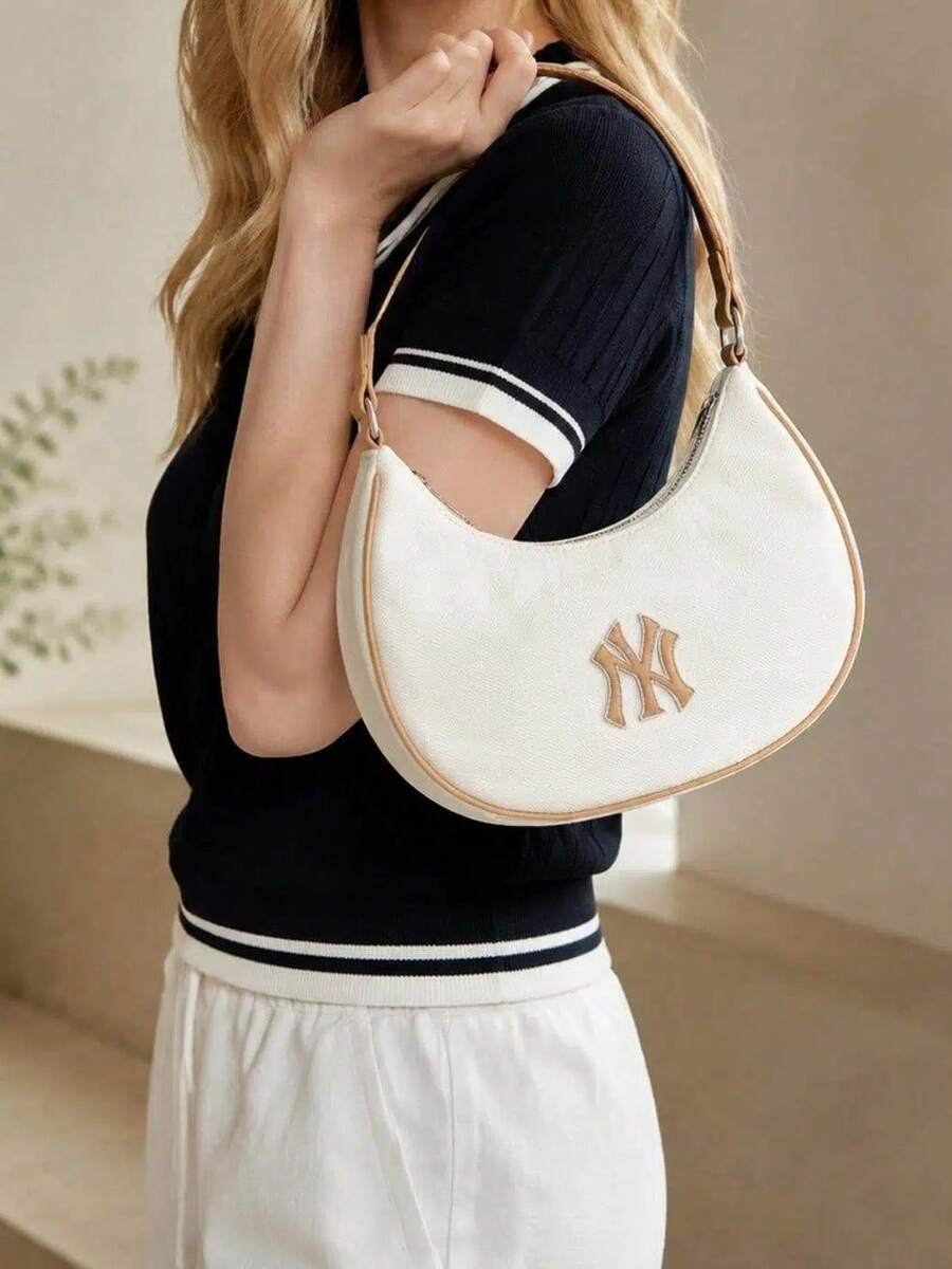 MLB Daily Commute Outdoor Sports Casual Travel Shopping Handbag Colorblock Embroidered Crescent Shoulder Bag 3ABQS014N-50CRD - Dark Cream - View 1