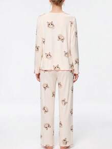 2pcs/Set Women's Pajamas Loungewear Set, Cardigan Cute Cat Print Fashion Long Sleeve Long Pants, Easy Care Fabric - Champagne - View 2