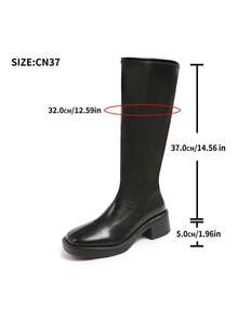 Black Square Toe Chunky Heel Straight Shaft Tall Riding Boots, Black Fine Soft PU Leather, Square Toe, Thick Square Chunky Heel, Straight Shaft Tall Design, Wide Shaft Circumference, Smooth Shaft, Back Zipper Closure, Minimalist Commuter Style - Black - View 5