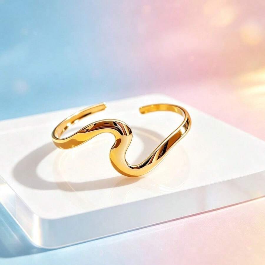 Wavy Twisted Open Gold Bracelet Minimalist Textured Metal Bangle Women Daily Wear Stackable Jewelry - Gold - View 1