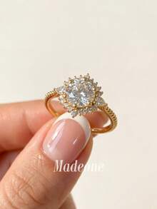 MADEONE 1pc Classic Round Flower Ring, Zirconia Inlaid, Suitable As Engagement Gift Or Holiday Gift, Jewelry Gift - Flower Shaped Round Diamond Ring - View 3