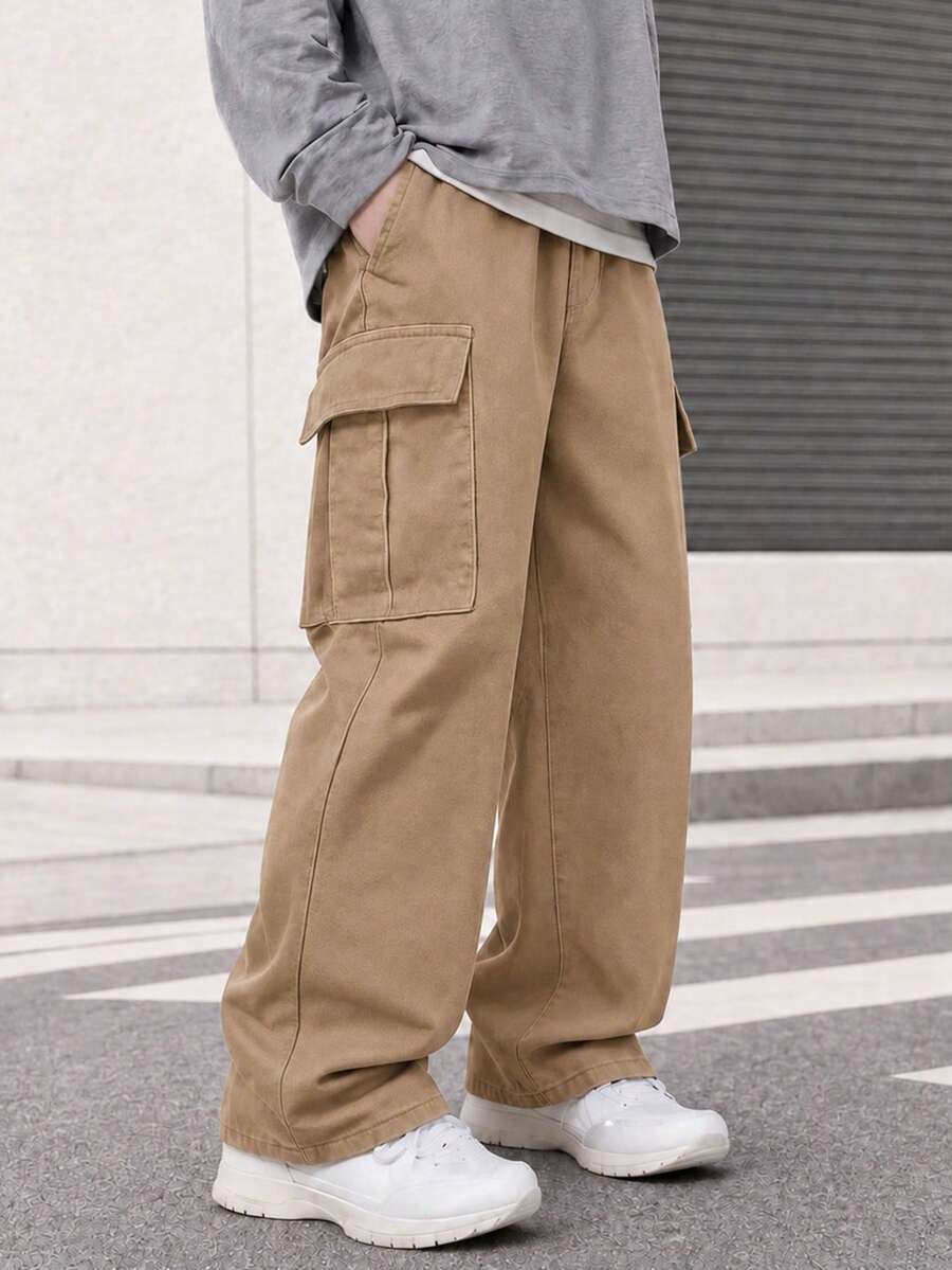 1pc Tween Boys Vintage Minimalist Cargo Pants, Suitable For Workout, Outdoor, Spring/Autumn - Khaki - View 1