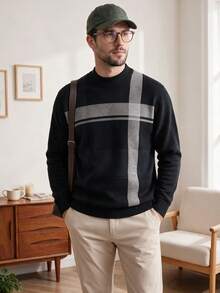 Men's Autumn/Winter Round Neck Striped Sweater, Stand Collar Business Casual Knitted Pullover, Comfortable For Party, Home Wear, Long Sleeve Top - Black - View 5