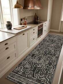 1PC Black & Grey Background With White Line Abstract Graffiti Line Pattern Modern Minimalist Art Long Rug, Abstract Street Style Faux Cashmere Long Rectangular Intertwined Asymmetrical Human Silhouette & Geometric Line Details Machine Washable Bedside Blanket, Suitable For Hallway, Corridor And Kitchen, All Season Home Decor - Multicolor - View 1