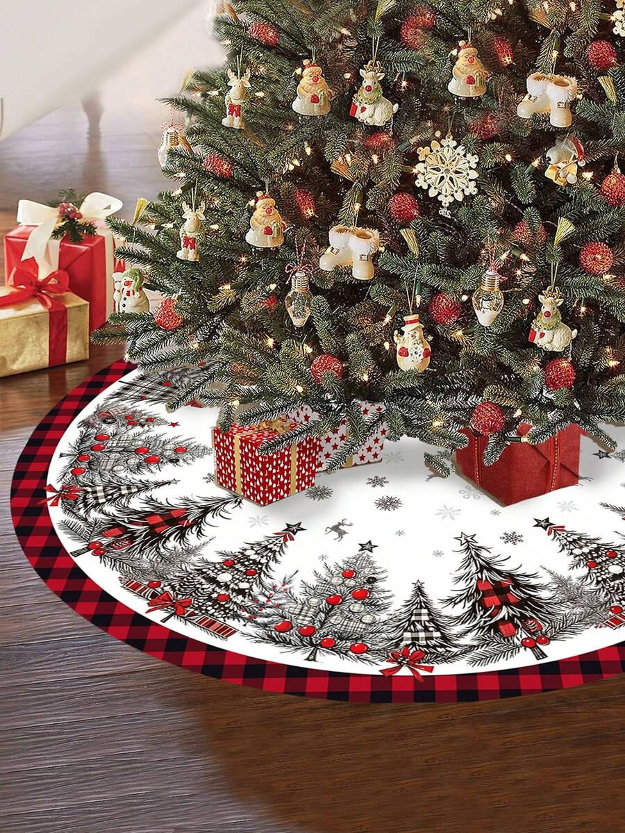 1pc Vintage Christmas Tree Skirt, Christmas Tree And Snowflake Patterns, Polyester, For For Christmas Tree Base Decoration, Christmas Holiday Gatherings, Parties And Christmas Events - Khaki - View 1
