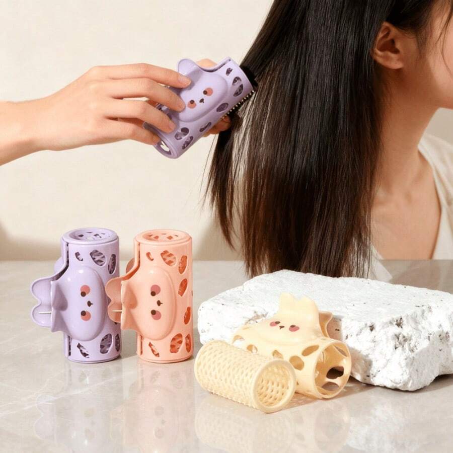 2pcs Cartoon Portable Mini Hair Curlers, Small Size Fluffy Non-Damaging Inward Curling Air Bangs Roller, Korean Style Hair Rollers, Multiple Colors Available, Multi-Function Plastic Hair Clips, Ideal Gift For Family And Friends, Travel Essential, Back To School Season Must-Have - Multicolor - View 1