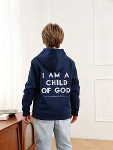 Tween Boy Fun Print Pullover Sweatshirt, Warm And Comfortable Thermal-Lined Pullover Sweatshirt For Autumn/Winter - Navy Blue - View 3
