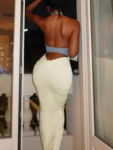 Kliou Ruched Maxi Dress Women Sexy Color Blocking Halter Backless Thin Slit Beach Vacation Birthday Party Clubwear - Baby Blue - View 4