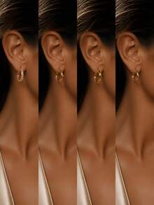 VceTd 4 Pairs Classic Style Geometric Design Stainless Steel Hoop Earrings For Women, Suitable For Daily Wear - Yellow Gold - View 3