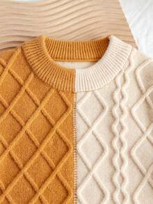 Sweater Pullover Tebal Motif Kotak-kotak Blok Warna Gaya Kampus untuk Anak Laki-laki, Cocok untuk Sekolah Musim Semi, Gugur, dan Dingin - Aprikot - View 3