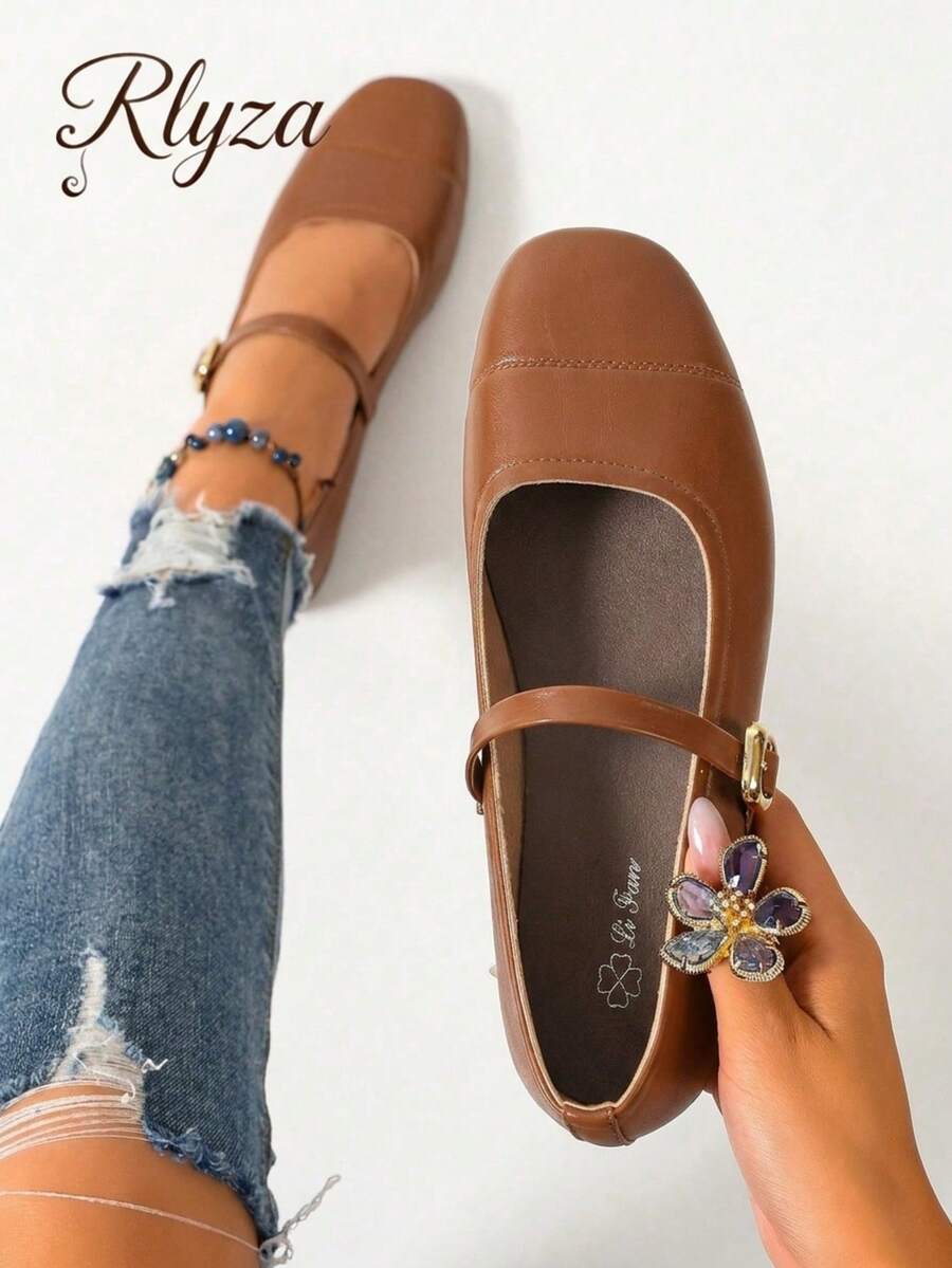 rlyza New Women Stylish Spring/Autumn Strap Buckle Decor Mary Jane Flats, Square Toe Comfortable Everyday Wear,Mary Jane,Ballet Flats