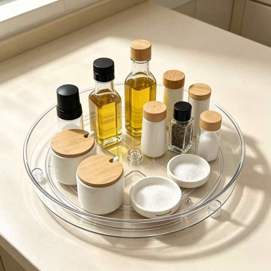 1pc Rotating Storage Tray, Transparent PET Seasoning Turntable, Kitchen Cabinet Refrigerator Organizer, Vanity Makeup Skincare Storage Tray