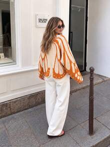 Women's Butterfly Knit Cardigan Sweater, Colorblock Pattern Buttonless Casual Autumn/Winter Top - Orange Apricot - View 8
