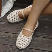 Women's Breathable Hollow Woven Single Strap Buckle Solid Color Square Toe Flat Mary Jane Shoes, Vintage Style, Daily Commute, Spring/Summer, Beige, Low Vamp - Apricot - View 5