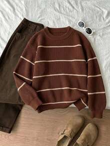 1pc Girls/Teenagers Round Neck Knitted Sweater Striped Contrast Color Design Autumn/Winter - Brown - View 5