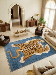 1PC Blue Background Orange-Brown Tiger Animal Totem Pattern Traditional Middle Eastern Style Carpet, Vintage Exotic Folk Style Faux Cashmere Tiger Skin Outline Tiger Stripe Detail With White Border Feature Machine Washable Area Rug, Suitable For Living Room Bedroom All Season Home Decor - Multicolor - View 11