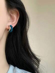 1 Pair Fashion Vintage Royal Blue Beaded Hoop Earrings Suitable For Women's Daily Commute Wear - Silver + Blue - View 3