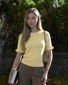 Women's Casual Yellow Round Neck Ruffle Short Sleeve Loose Fit T-Shirt, Spring/Summer Style, Suitable For Dating And Daily Wear - Yellow - View 4
