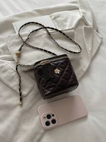 Women's Quilted Square Crossbody Bag, Metal Decor Mini Makeup Bag, PU Leather Chain Shoulder Bag With Gold Ball Decoration, Suitable For Party And Date - Coffee - View 4