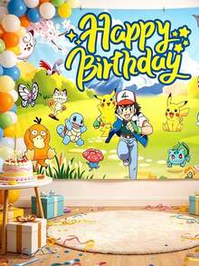 asmodee Pokemon Cartoon Birthday Background Banner, 4 High-Definition Digital Prints, Halloween, Christmas, Holidays, Daily Party Wall Decoration Atmosphere-Enhancing Banner Props - Multicolor - View 5