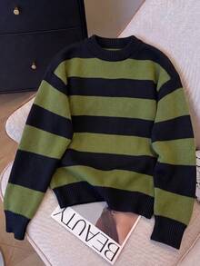 Teenage Girls Autumn/Winter Black & Green Wide Striped Crew Neck Sweater, Loose Casual Drop Shoulder Long Sleeve Knit Pullover - Green - View 2