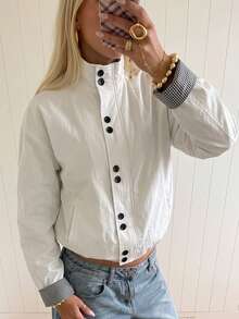 1pc Women's Gentle Solid Color Stand Collar Short Jacket With Plaid Cuff Design, Suitable For Commuting, Shopping, Dating And Short Trips - Off-white - View 7