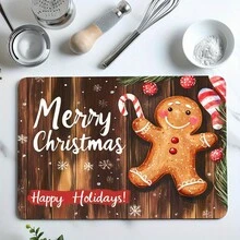 1PC Gingerbread Man Candy Cane Santa Hat Print Diatomite Absorbent Welcome Mat, Non‑Slip Small Floor Rug, Christmas Halloween Decor Mat For Stovetop Coffee Machine Water Bar Counter, Indoor Outdoor Front Door Kitchen Home Decor - Multicolor - View 2