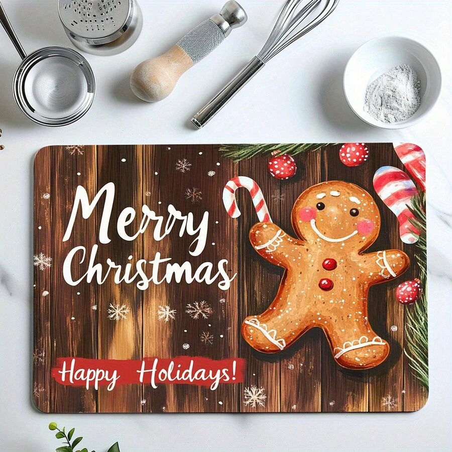 1PC Gingerbread Man Candy Cane Santa Hat Print Diatomite Absorbent Welcome Mat, Non‑Slip Small Floor Rug, Christmas Halloween Decor Mat For Stovetop Coffee Machine Water Bar Counter, Indoor Outdoor Front Door Kitchen Home Decor