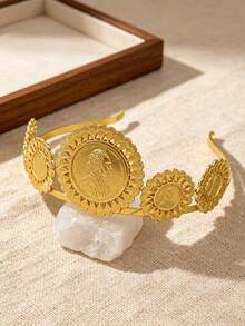 1Pc Vintage Gold Scalloped Embossed Portrait Coin Crown For Women, Multi Coin Flower Frame Headdress, Wedding Banquet Hair Accessory - Gold - View 1
