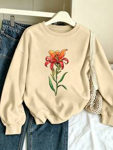 Plus-Size Women's Crew Neck Sweatshirt With Painted Tiger Lily Print, Casual And Simple, Suitable For Autumn And Winter Wear, Women's Top. - Apricot - View 1