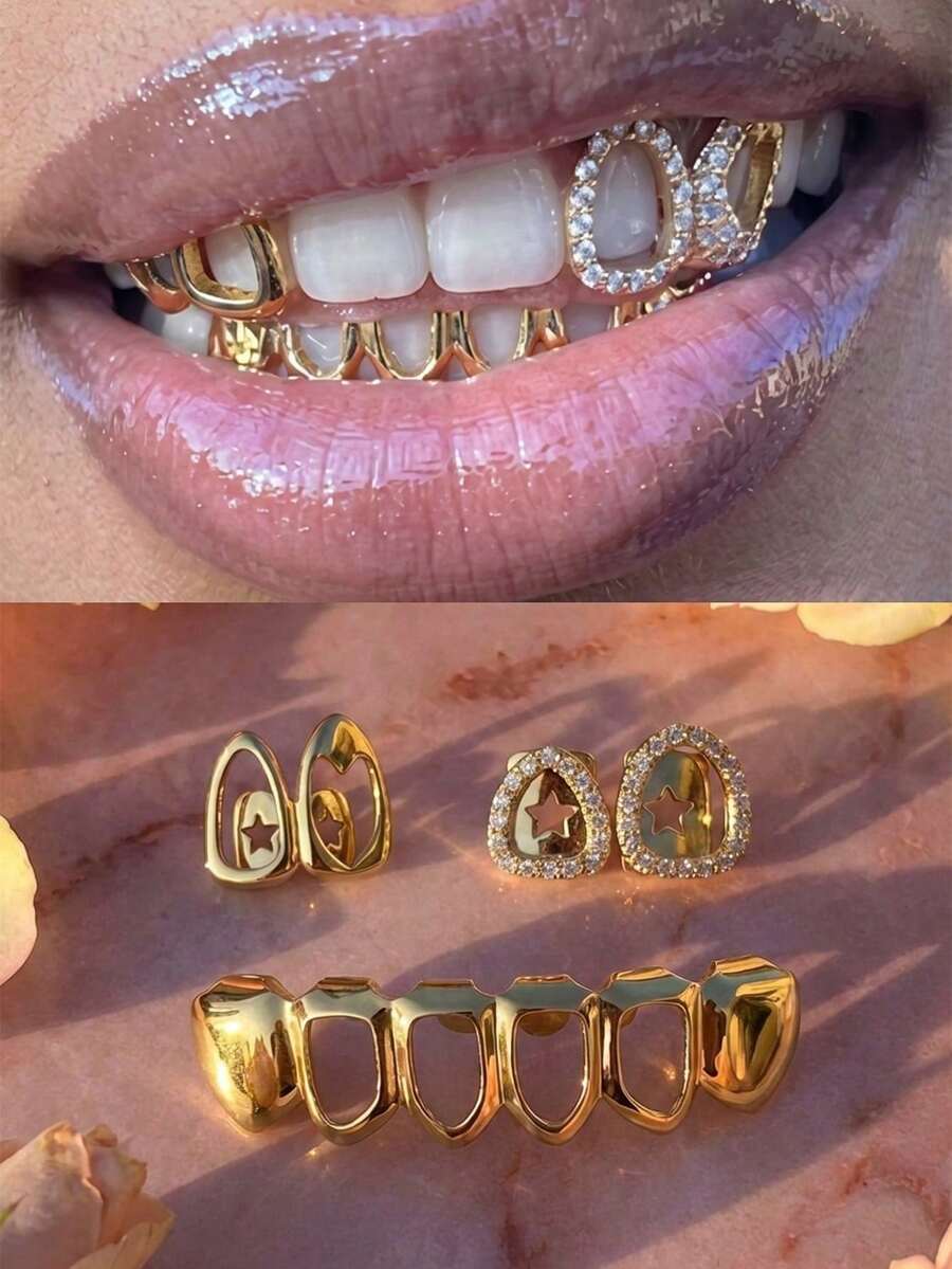 1 Set Grillz Berlian Imitasi Emas Wanita - Desain Berlian Imitasi Mikro Berongga Bintang Terbuka, Cocok untuk Pesta Malam Y2K Baddie dan Pesta Neon - MultiWarna - View 1