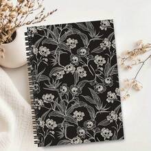 Gothic Skull Floral Vine Spiral Notebook - Black & White Line Drawing Skull Floral Print Coil Bound Journal, A5 Dark Witchcraft Aesthetic Notepad, Suitable For Halloween Stationery Gift - Lined Notebook - View 2