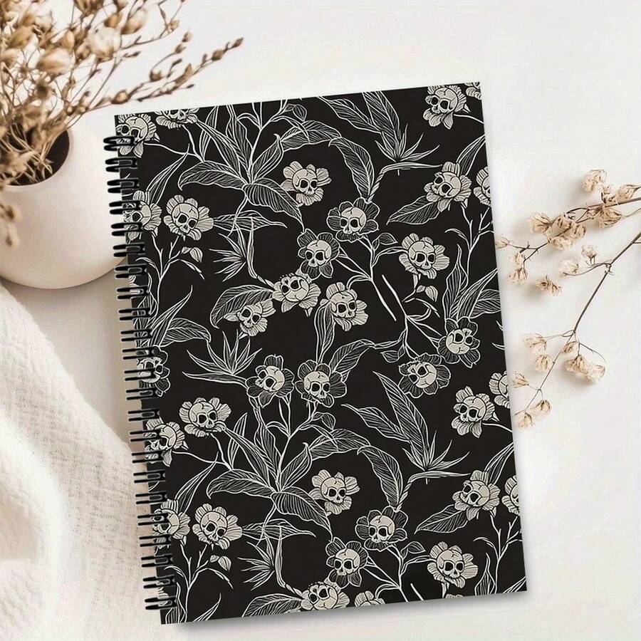 Gothic Skull Floral Vine Spiral Notebook - Black & White Line Drawing Skull Floral Print Coil Bound Journal, A5 Dark Witchcraft Aesthetic Notepad, Suitable For Halloween Stationery Gift