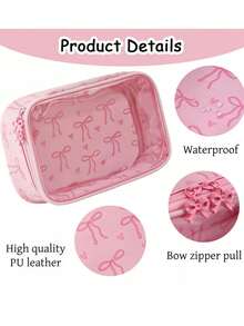 1pc Cute Bow Print Transparent PVC Cosmetic Bag,Waterproof PU Large Capacity Portable Travel Toiletry Bag,Zipper Makeup Organizer Pouch For Women Girls - Pink - View 3