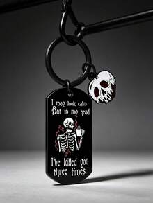 1 buah gantungan kunci tag anjing tengkorak rangka Halloween, charm enamel kutipan kopi lucu, cincin kunci hitam, liontin tas mobil, hadiah Halloween - MultiWarna - View 3