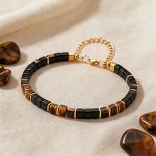 Tiger Eye Shield Energy Bracelet, Symbolizing Confidence And Success, Natural Stone Beads, Square Patchwork Vintage Business Style Unisex Couple Bracelet - Multicolor - View 5