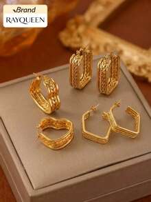 RAYQUEEN 1 Pair New Fashion Heart Square Rhombus Stainless Steel Personalized Large Stud Earrings For Women, Suitable For Daily Wear - Gold - View 1