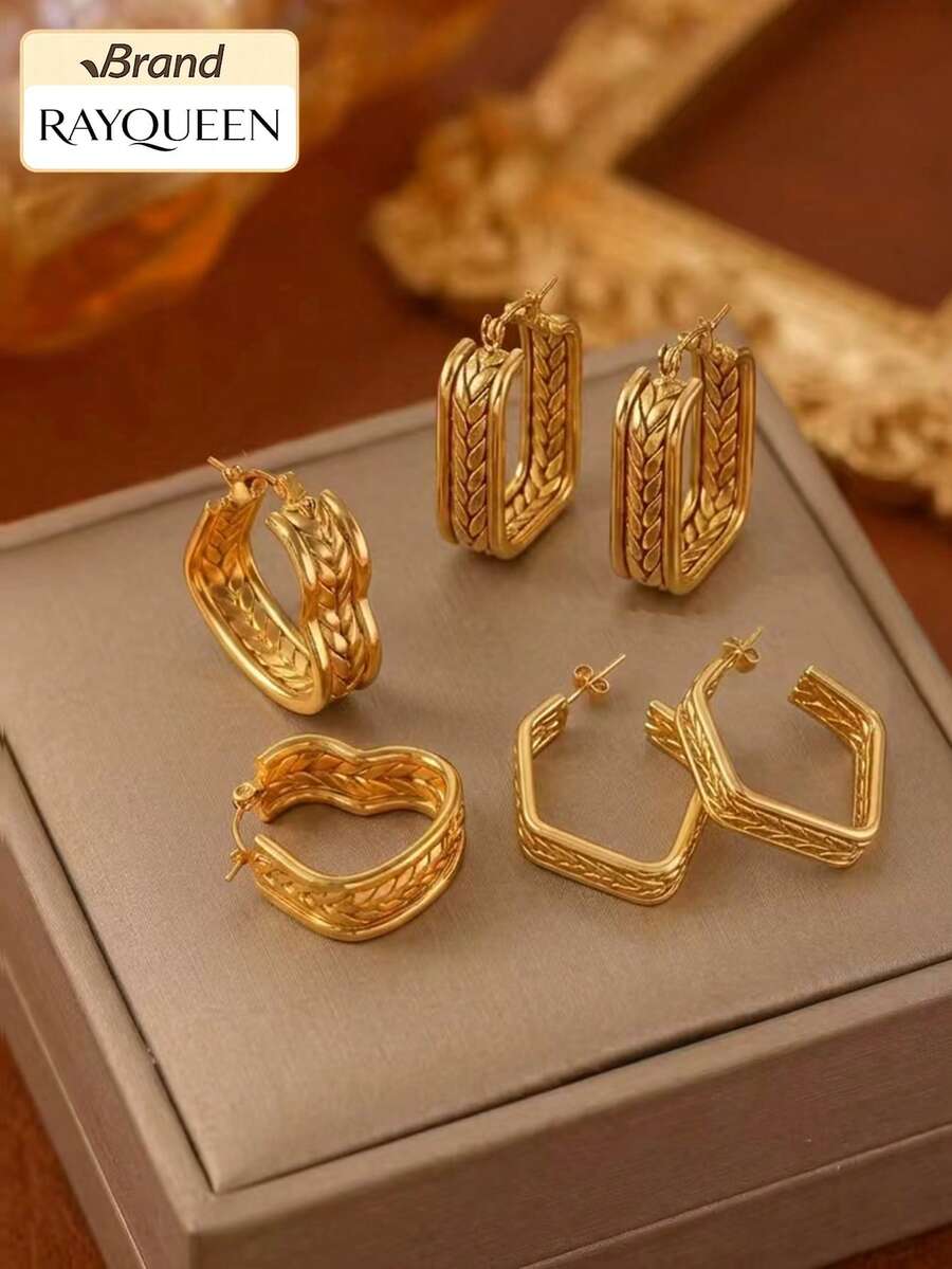 RAYQUEEN 1 Pair New Fashion Heart Square Rhombus Stainless Steel Personalized Large Stud Earrings For Women, Suitable For Daily Wear - Gold - View 1